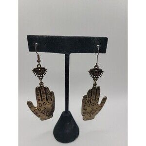 Vintage Gold Tone Palmistry Hand Dangle Earrings Evil Eye Boho Statement Jewelry